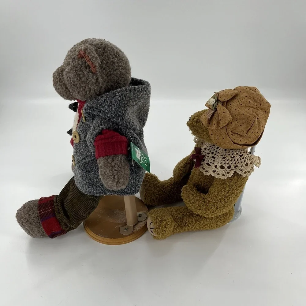 2 Vintage Russ Berrie Jointed Plush Boy Girl‎ Bears Cords Lace Pair Stands 14